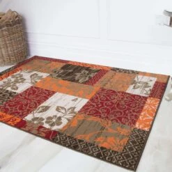 Terracotta Red Warm Patchwork Living Room Rug -Kukoon Rugs Store 1568 S22 Milan Red Orange Patchwork Traditional Style Designer Brown Earthy Terracotta Living Room Large Small Area Rug Matjpg
