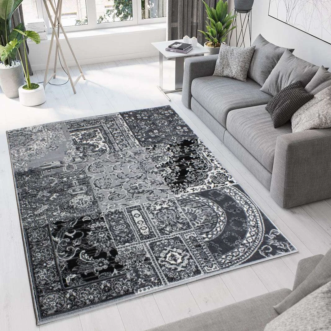 Black Grey Traditional Patchwork Living Room Rug 4 Black Grey Traditional Patchwork Living Room Rug - Image 2