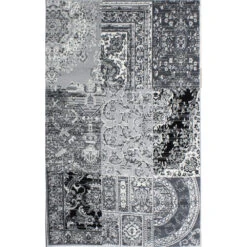 Black Grey Traditional Patchwork Living Room Rug