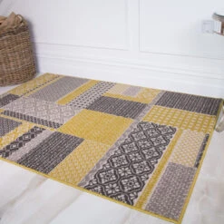 Ochre Grey Patchwork Hardwearing Rug -Kukoon Rugs Store 2424 GL41 Marketplace Shot 20xs