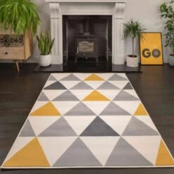 Yellow Grey Geometric Triangle Bedroom Rug -Kukoon Rugs Store 2517 gb44 8
