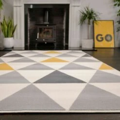 Yellow Grey Geometric Triangle Bedroom Rug -Kukoon Rugs Store 2517 gb44 8 5B2 5D