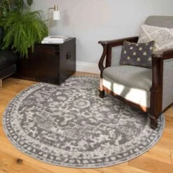 Round Circle Faded Distressed Grey Oriental Rug -Kukoon Rugs Store 32x088 O20541a ivory dgrey 6