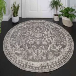 Round Circle Faded Distressed Grey Oriental Rug -Kukoon Rugs Store 32x088 O20541a ivory dgrey 6 5B1 5D