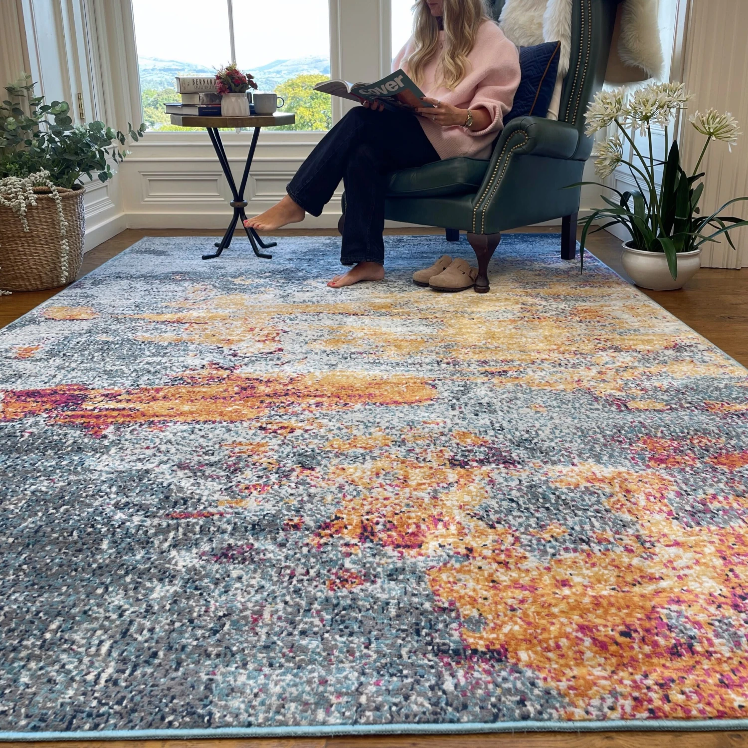 Gold Blue Distressed Living Room Rug - Mia 5 Gold Blue Distressed Living Room Rug - Mia - Image 3