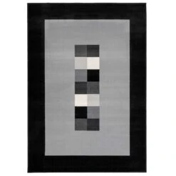 Geometric Bordered Black And Grey Rug