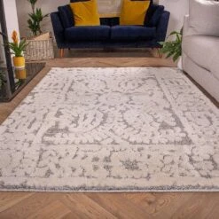 Grey White Textured Damask Scandi Rug -Kukoon Rugs Store Ashbee Morello Grey Grey Rich Woven Textured Soft Rug 2