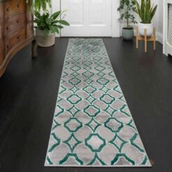 Modern Emerald Green Trellis Hall Runner Rugs