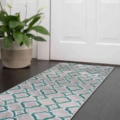 Modern Emerald Green Trellis Hall Runner Rugs -Kukoon Rugs Store ENZO 201AN 20 18 5B1 5D