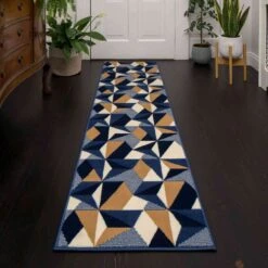 Blue Grey Modern Geometric Hall Runner Rugs