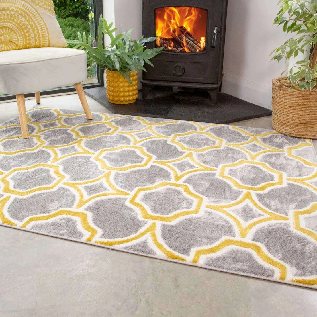 Modern Grey Ochre Trellis Living Room Rug 4 Modern Grey Ochre Trellis Living Room Rug - Image 2