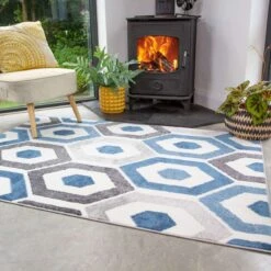 Blue Geometric Honeycomb Living Room Rug -Kukoon Rugs Store Enzo York Blue Above Blue Grey Diamond Soft Cheap Rug jpg SMALLER