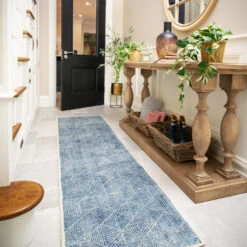 Washable Blue Geometric Runner - Plato -Kukoon Rugs Store Everyday Plato room web RR