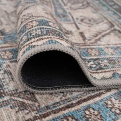 Vintage Greige Teal Washable Runner - Saxe -Kukoon Rugs Store Everyday Saxe Detail 15