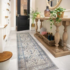 Vintage Greige Teal Washable Runner - Saxe -Kukoon Rugs Store Everyday Saxe room web RR