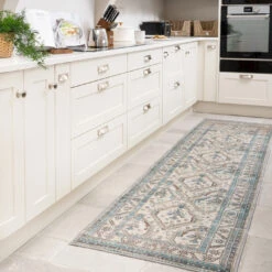 Vintage Greige Teal Washable Runner - Saxe -Kukoon Rugs Store Everyday saxe room web RRL 4