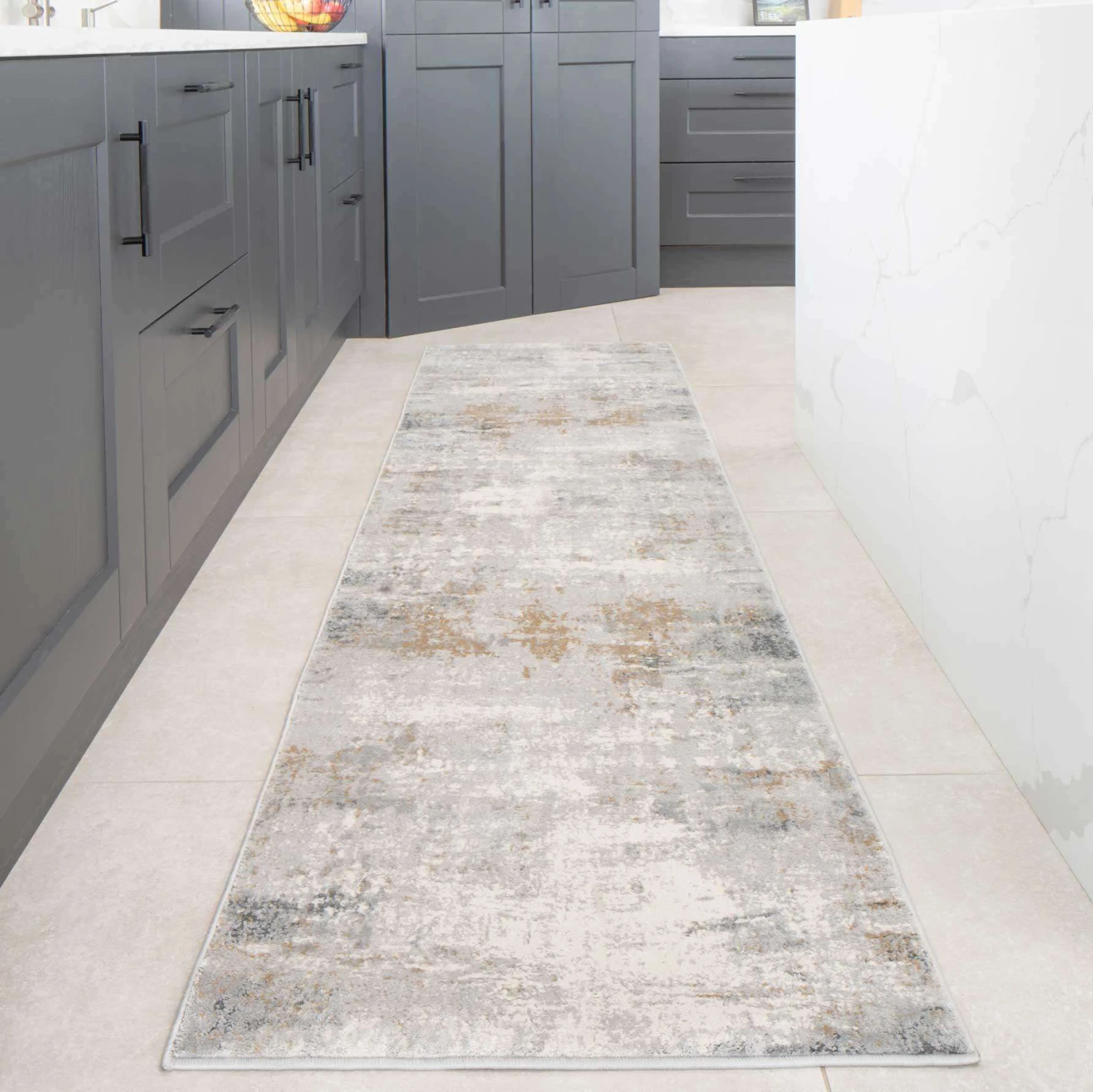 Modern Soft Grey Gold Distressed Abstract Hall Runner Rug 4 Modern Soft Grey Gold Distressed Abstract Hall Runner Rug - Image 2
