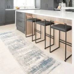 Soft Blue Distressed Abstract Kitchen Runner Rug