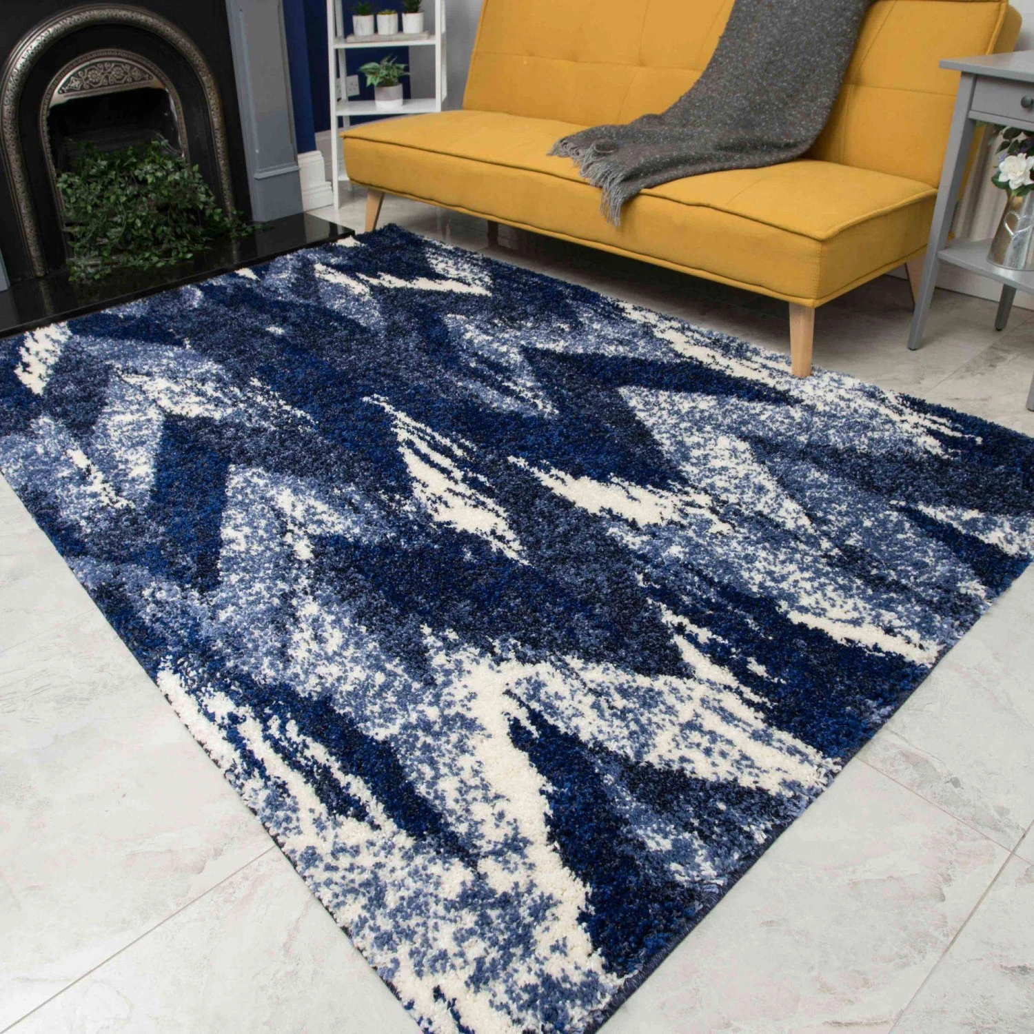 Blue Navy Chevron Mottled Shaggy Hall Runner Rug 6 Blue Navy Chevron Mottled Shaggy Hall Runner Rug - Image 4