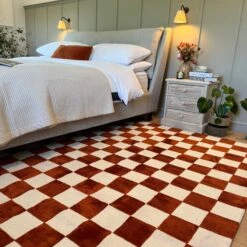 Burnt Orange Retro Checkerboard Rug - Maze Rust -Kukoon Rugs Store Maze Rust Irange Bedroom Rug