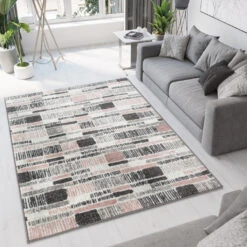 Pink Grey Modern Area Rug -Kukoon Rugs Store Milan 3602 RG22 Straight On Blush Pink Striped Living Room Rug 2 5B1 5D