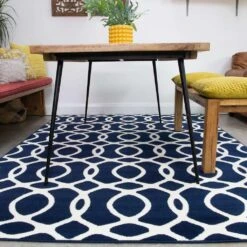 Navy Blue Modern Trellis Bedroom Rug -Kukoon Rugs Store Milan 3605 XO11 Room Navy Geometric Living Room Rugjpg