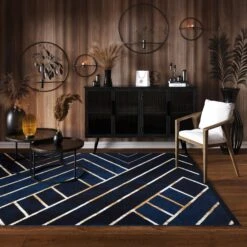 Navy Gold Art Deco Contempary Area Rug -Kukoon Rugs Store Milan 3694 X011 overhead 5B1 5D