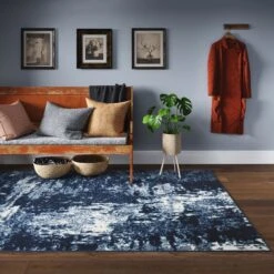 Navy Blue Distressed Living Room Rug -Kukoon Rugs Store Milan 3762 X033 overhead 5B1 5D