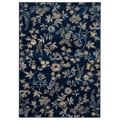 Navy Blue Gold Floral Living Room Rug