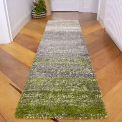 Mottled Stripe Dark Green Shaggy Rug -Kukoon Rugs Store Murano Stripe Dark Green Close Up Mottled Shaggy Living Room Rug 5B3 5D