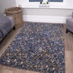 Blue Ochre Mottled Shaggy Rug 10 Blue Ochre Mottled Shaggy Rug -Kukoon Rugs Store MuranoBlueMottled