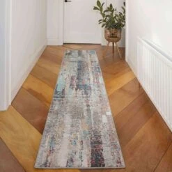 Soft Abstract Distressed Blue Hall Runner Rug