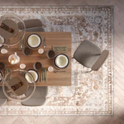 Traditional Distressed Chic Beige Area Rug -Kukoon Rugs Store Oscar demelza beige dining room overhead copy