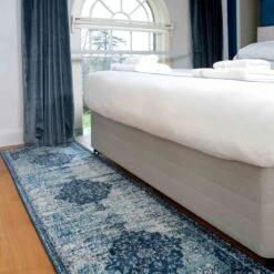 Faded Distressed Navy Blue Oriental Runner Rug