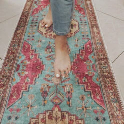 Flatwoven Washable Vibrant Teal Pink Distressed Boho Rug - Clarissa -Kukoon Rugs Store Renuu Clarissa Room web Runner d2f8bc41 9337 4630 a57e 9022c81b5fa4