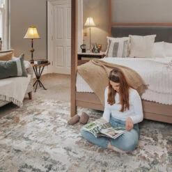 Soft Modern Blue Grey Painted Canvas Effect Rugs - Artist 19 Soft Modern Blue Grey Painted Canvas Effect Rugs - Artist -Kukoon Rugs Store Riveria Artist Room web 4