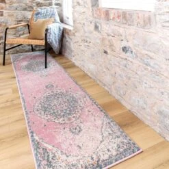 Distressed Pink Medallion Runner Rug