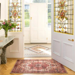 Soft Washable Red Antique Doormat - Eliza 12 Soft Washable Red Antique Doormat - Eliza -Kukoon Rugs Store Washable Eliza room web RRL location hall 1