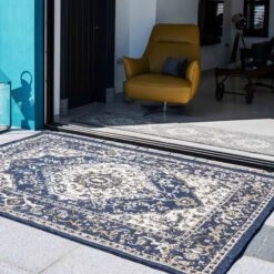 Navy Blue Distressed Indoor Outdoor Rug