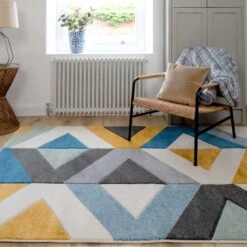 Multicolour Woven Geometric Area Rug - Angora 11 Multicolour Woven Geometric Area Rug - Angora -Kukoon Rugs Store angora blue 0029 5B5 5D