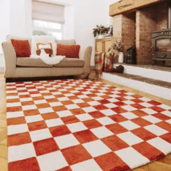 Burnt Orange Retro Checkerboard Rug - Maze Rust -Kukoon Rugs Store autumn campaign maze rust 00924 for web