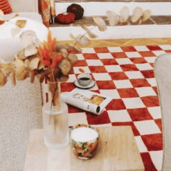 Burnt Orange Retro Checkerboard Rug - Maze Rust -Kukoon Rugs Store autumn campaign maze rust 05283 for web