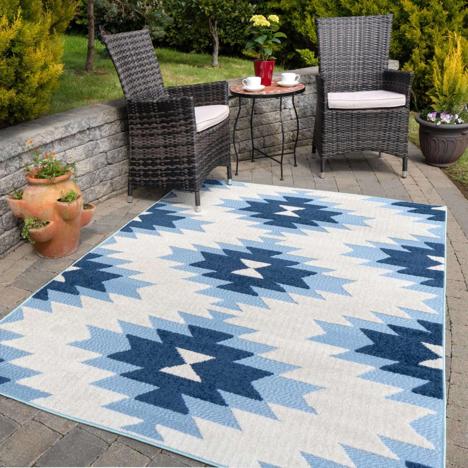 Light Blue Aztec Outdoor Area Rug - Bali 4 Light Blue Aztec Outdoor Area Rug - Bali - Image 2