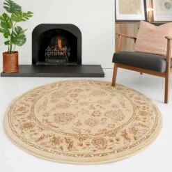 Traditional Cream Motif Round Rug 9 Traditional Cream Motif Round Rug -Kukoon Rugs Store circle 20round 20room 20rugs 20 54