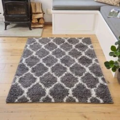 Grey Moroccan Trellis Shaggy Rug -Kukoon Rugs Store florence denali grey 9457 5B4 5D
