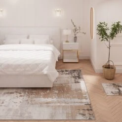 Distressed Abstract Beige Area Rug - Grace 23 Distressed Abstract Beige Area Rug - Grace -Kukoon Rugs Store hatton grace beige cam 1 bedroom for web 5B1 5D