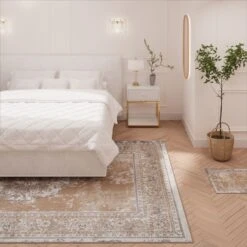 Traditional Distressed Beige Area Rug - Victoria -Kukoon Rugs Store hatton victoria beige cam 1 bedroom for web 5B1 5D