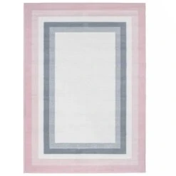 Pink Grey Bordered Framed Living Room Rug