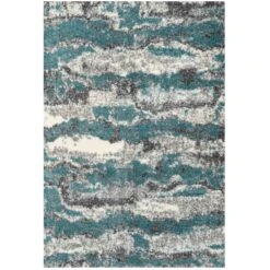 Blue Grey Cloud Mottled Shaggy Living Room Rug