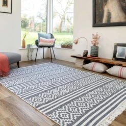 Reversible Recycled Cotton Grey Aztec Motif Rug - Sian 9 Reversible Recycled Cotton Grey Aztec Motif Rug - Sian -Kukoon Rugs Store kyoto sian charcoal dark side 02070